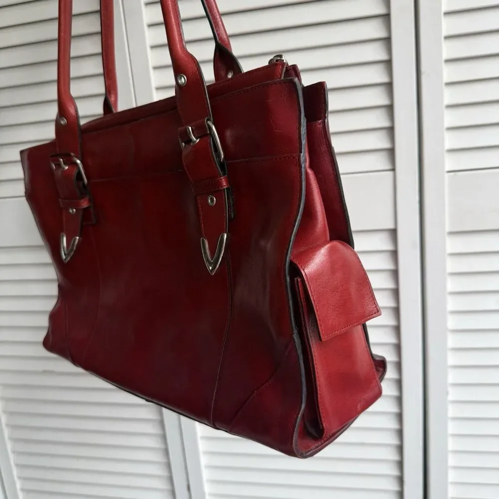 Vintage Red Leather Bag Zip Top Buckle Accents Silver Hardware